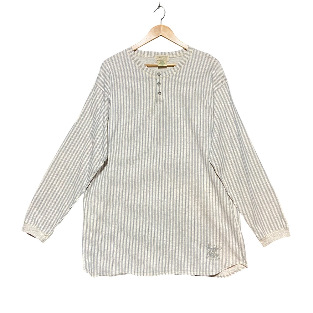 VTG St Johns Bay Mens Grey Striped Long Sleeve Henley Shirt USA Made Cotton XL